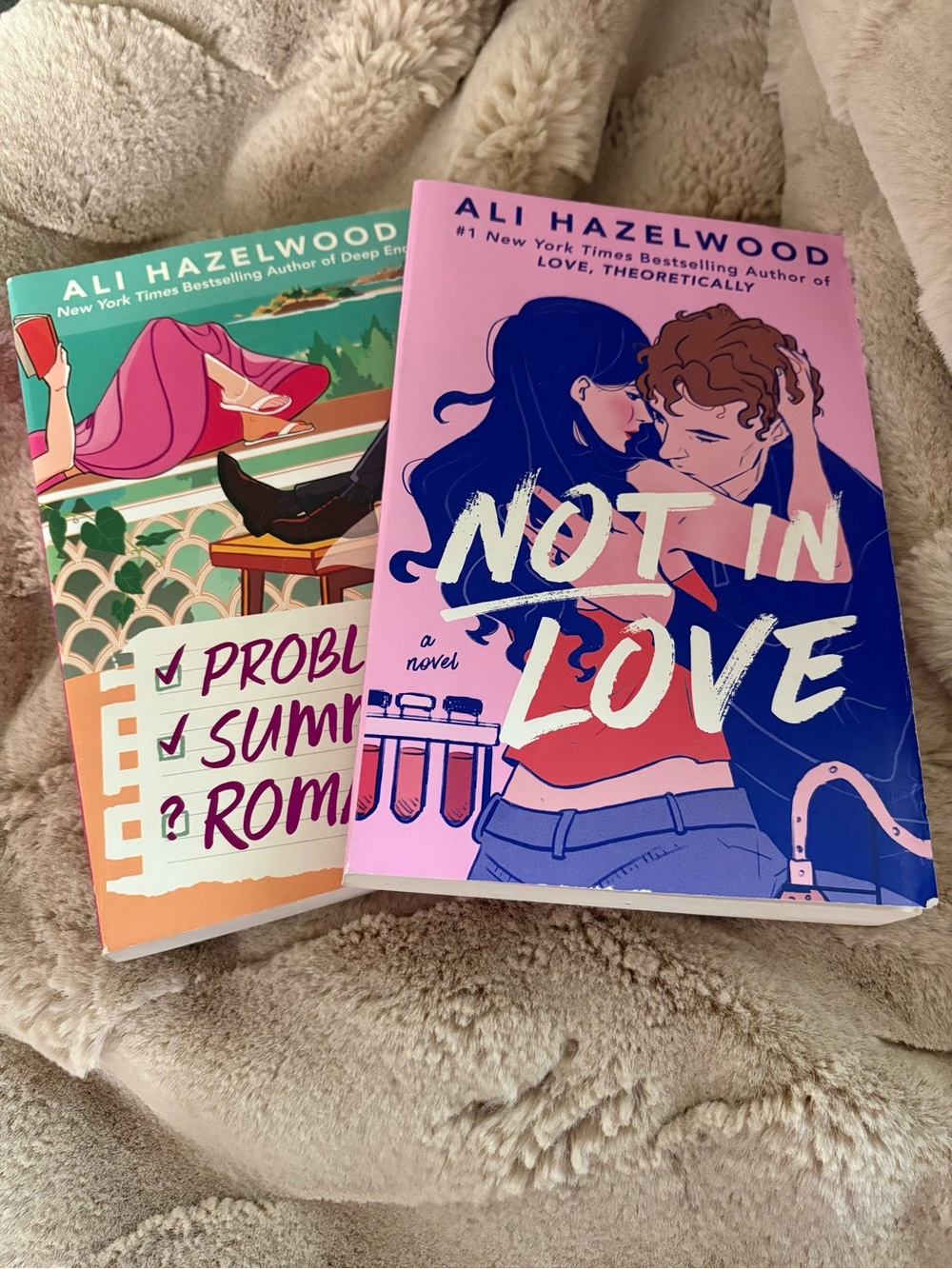 Not in Love & Problematic Summer Romance by Ali Hazelwood - Pink & Blue Cover